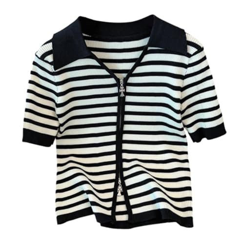 Women’S Striped Turn-Down Collar Short Sleeve Zipper Closure Slim Fit Short Casual Knitwear Cardigan Sweater Top3