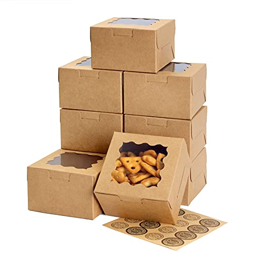 (4 inch Kraft 60Pack) Brown Bakery Boxes with Window Pastry Boxes,60 Pack Cupcake Dessert Boxes Treat Boxes Cookie Boxes for Birthday Wedding Gift Giving 4x4x2.5 inches Cake Slice