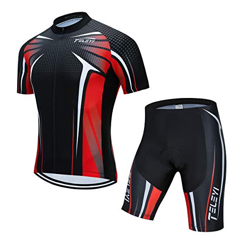 Teleyi Men's Cycling Jersey Set+5D Padded Bicycle Shorts Bike Short Sleeve T-Shirt Jacket Quick-Dry 3-Pockets S-3XL