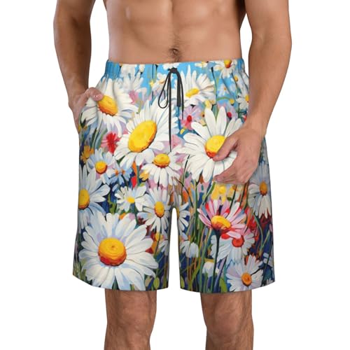 Summer Floral Daisies Flower Print Stylish Beach Shorts Swim Trunks Lightweight Breathable Summer Outdoor Activities