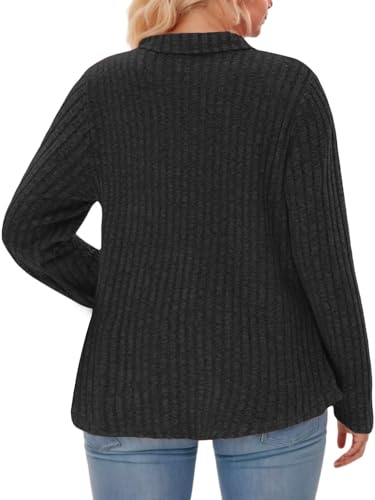 Image of VISLILY Womens-Plus-Size-Tops Collared V Neck Polo Shirts Lightweight Long Sleeve Sweaters Trendy Pocket Decor Tunic Blouses