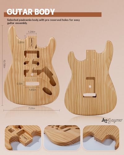 leo jaymz diy st style electric guitar kits with roasted pine body and maple neck - laurel wood fingerboardstrap and all components included st roasted pine
