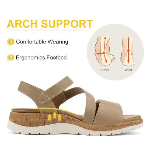 Image of UBFEN Womens Low Wedge Walking Sandals with Arch Support | Open Toe Sandals Adjustable Instep and Ankle Straps for Summer Everyday Outfits, Travel,Vacation