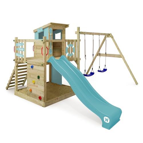 Wickey Aire de Jeux Smart Camp portique en Bois avec balançoire et Toboggan, Tour d'escalade pour Enfants avec bac à Sable, échelle et Accessoires de Jeu pour Le...
