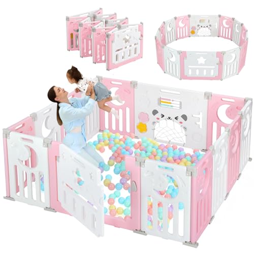 Image of Baby Playpen, Dripex Baby Playard for Babies and Toddlers, 14-Panel Foldable Playpen Adjustable Portable Play Area, Indoor/Outdoor Kids Active Center with Game Panel & Safety Gate, Pink White