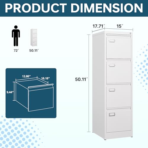 Image of MIIIKO 4 Drawer File Cabinet, White Vertical Filing Cabinets with Lock, Home Office File Folders Storage Cabinet for Letter Legal A4 File Size