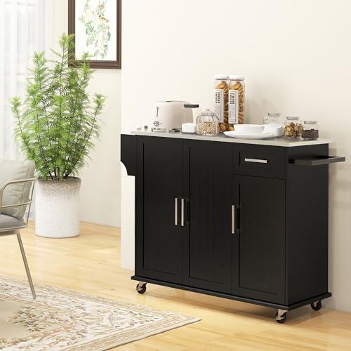HOMCOM Kitchen Island with Storage, Rolling Kitchen Island on Wheels with Drawer, 3 Cabinets, Stainless Steel Countertop, Spice Rack and Towel Rack, Black - Image 3
