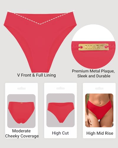 Image of Zmart Women V Cut Cheeky Bikini Bottoms - Mid Waist High Cut Swim Bathing Suit Bottoms V Front Swimsuit