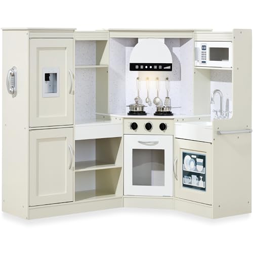 Best Choice Products Pretend Play Corner Kitchen, Ultimate Interactive Wooden Kids Playset w/Lights & Sounds, Ice Maker, Hood - Cream