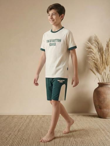 Image of Li'l Tomatoes Boys 100% Cotton Night Suit Set | Half Sleeve T-Shirt & Shorts | Color Block & Typography Print | Soft & Breathable Sleepwear | Casual Summer Wear | 9-16 Years