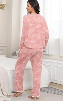 PrinStory Pyjama dames lange V-hals pyjama set winter nachtkleding lange mouwen bovendeel en wijde pijpen pyjamabroek, zwart, S