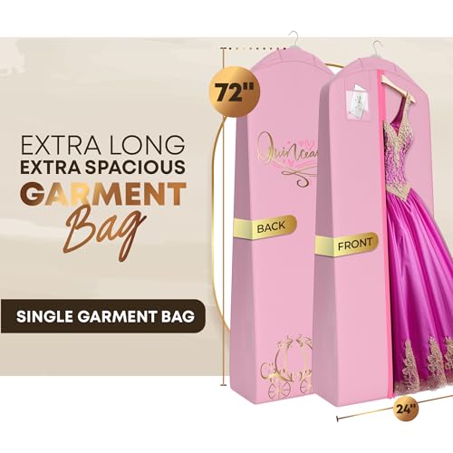 Your Bags Quinceanera Dress Garment Bag - Garment Bags for Hanging Gowns or Storage Preservation - 72" Quinceanera Storage Bag for Gowns with 20" Gusset for Puffy Quinceanera Gowns - Pink/Gold2