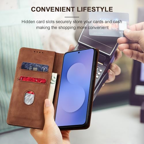 Image of Jasonyu Flip Wallet Case for Samsung Galaxy S25 FE 5G,Leather Magnetic Folio Cover with Card Holder,Kickstand - TPU Shockproof Durable Protective Phone Case,Brown