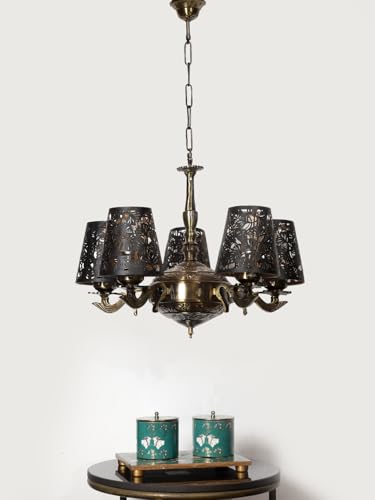 Image of Devansh 05 Lights Metal Etched Shade with Antique Golden Chandelier -ZB