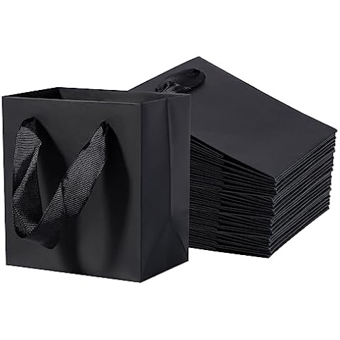 driew Small Black Gift Bags 50 Pcs, 4" x 2.8" x 4.5" Min Thick Kraft Paper Bags Bulk with Black Handles Set for Wedding Party Birthday Gathering Baby Shower Cover
