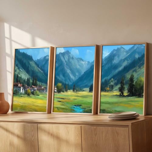 Image of kotart Abstract Nature Art Framed Paintings | Big Aesthetic Mountains View Painting | Vastu Frames for Bedroom Living Room Wall Decor Set Of 3 (19X25 inch)