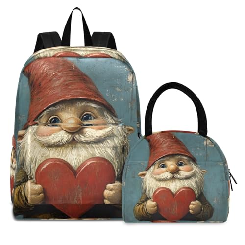 Gnome Valentines Print Backpack Set with Lunch Bag, Large Capacity Travel Backpacks and Lunch Box Insulated for Commute Hiking Picnic
