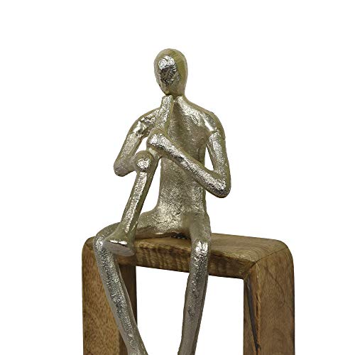 Image of MANOR HOUSE Flute Player Figurine Showpiece, Silver Metal Musician Sculpture on Wooden Square Base (Playing Flute Sculpture)