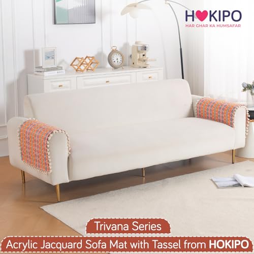 Image of HOKIPO Sofa Arm Cover with Tassel | 300 GSM Thick Cotton Acrylic Jacquard Armrest Mat, 50x70 cm, Pack of 2,'Trivana Series' Coral Orange (IN-931-J2*2)
