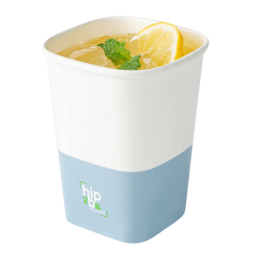 RestaurantwareHip 2 Be Square 12 oz White and Blue Paper Hot/Cold Drinking Cup - Single Wall - 3 1/4" x 3 1/4" x 4 1/4" - 25 count box