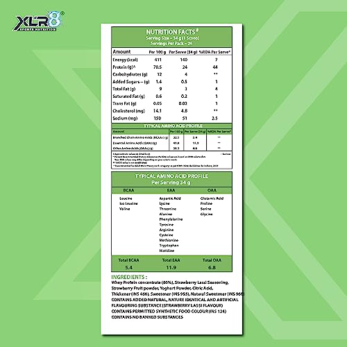 Image of XLR8 Whey Protein Powder with 24 g Protein Content & 5.4 g BCAA (907 g (Pack of 1), Strawberry Lassi)