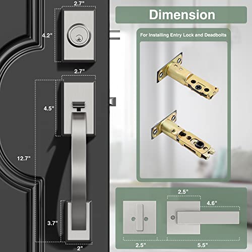 Image of Front Door Lock Set, Sliver Front Door Handle and Deadbolt Set Adjustable, 12.7in Satin Nickel Heavy Exterior Entry Handle Reversible