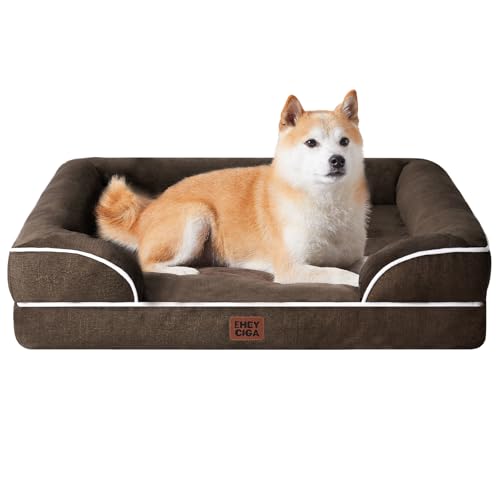 Image of EHEYCIGA Orthopedic Dog Beds for Large Dogs, Waterproof Memory Foam Large Dog Bed with Sides, Non-Slip Bottom and Egg-Crate Foam Pet Couch Bed with Washable Removable Cover, Brown