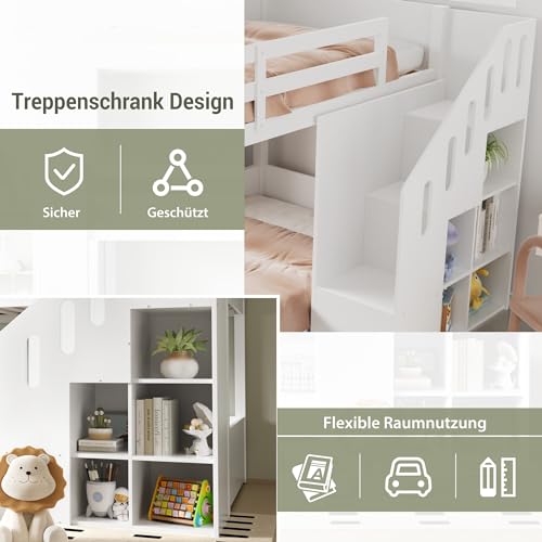 Dolamaní Hochbett Etagenbett 2 Kinder 90x200 cm mit Treppe, Kinderbett Mit & Schließfächern & Rausfallschutz, Kinderzimmer kinderhochbett, Stockbett für Mädchen Junge, Weiß