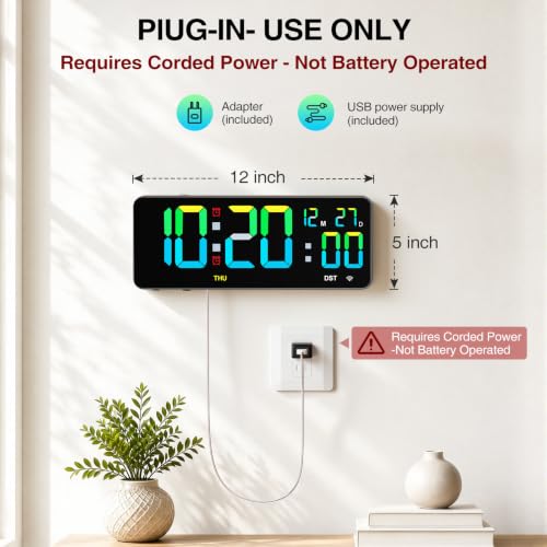 Tempospark WiFi Digital Clock 12", Digital Wall Clock WiFi Sync for Bedroom, Living Room, Classroom, WiFi Clock with Remote Control, Timer, Dual Alarms, Dimmer, Auto DST, Volume Control (Colorful) - image 5