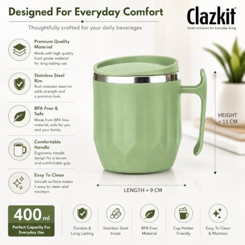 Image of Clazkit Travel Leak Proof Coffee Mug | Stainless Steel Coffee Tumbler | Spill-Proof Lid | Hot & Cold Vacuum Mug for Office, Travel & Car- 300ml - Sea Green