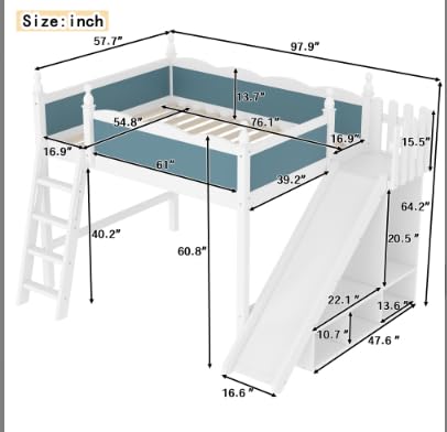 Image of Full Size Loft Bed with Storage Shelves, Cabinet & Detachable Slide and Ladders, Solid Wood Kids Loft Bed for Space-Saving, Playful & Organized Bedroom (Blue+Light White2, Full)