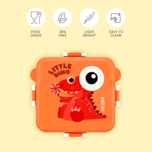 Image of MILTON Dino Pop Bento Stainless Steel Lunch Box, 3 Compartments, 4-Side Lock, with Tray, Spoon, Fork & Container for School, Office, Travel, BPA Free, 1120 ml + 70 ml, Peach