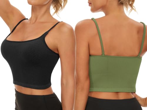 Image of Chilylori Seamless Sports Bra Cropped Tank Top with Adjustable Strap 2 Pack | Workout Tops Ribbed Sports Bra for Women Wireless Longline Crop Tank Padded Comfortable Brami