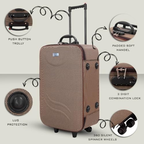 Image of Trolley Bag 20 Inch Cabin Size | Soft Shell Travel Suitcase with Reinforced Stitching Lightweight Fabric Luggage for Flight Cabin | (Brown)