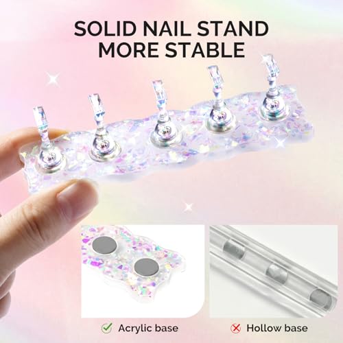 Image of MelodySusie Nail Stand for Press Ons, White Shiny Acrylic Magnetic Base for Painting Display with Brush Holder and 100 Pcs Reusable Double-Sided Tape for Home DIY Salon Supplies