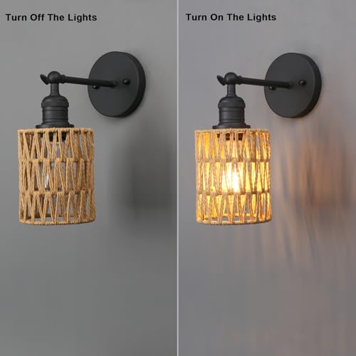 Image of Yosoan Rattan Boho Wrapped Wall Sconce Light, Indoor Hardwired Hand-Woven Farmhouse Vintage Wall Lamps, Brass Handmade Braided Rope Small Straight Shade Wall Mount Fixture for Reading Hallway(Black)