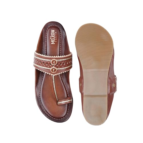 Image of Women's Kolhapuri Sandals - Handcrafted Leather Flats Chappals with Toe Ring, Comfortable Slip-On Ethnic Footwear with Embroidery & TPR Leather Sole