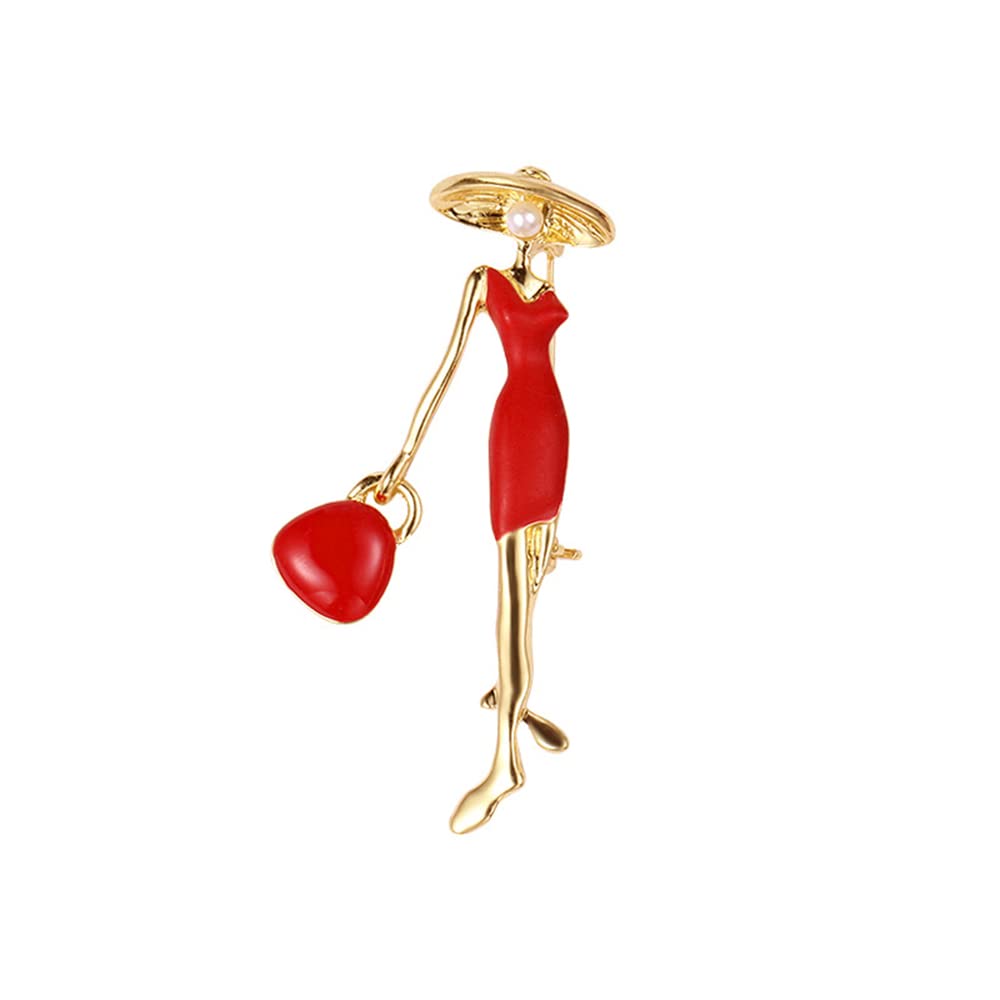 Fashion Lady in Red Brooch Pin for Women Girls Cute Enamel Brooches Lapel Pins Hat Bag Dress Accessories Holiday Party Jewelry Gift