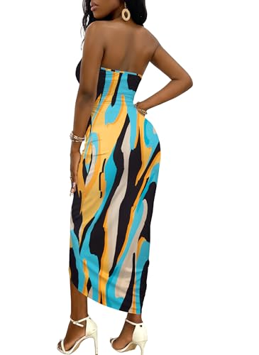Image of Umenlele Women's Strapless Ruched High Waist Wrap Split Asymmetrical Beach Maxi Long Dress