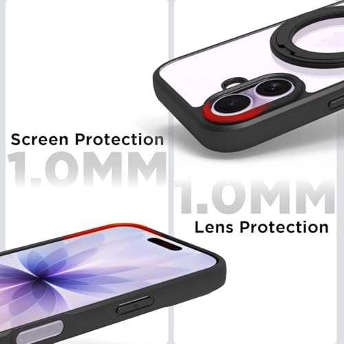 Image of RIGGEAR Shockproof Sleek Hybrid Armor 360 Rotating Magnetic Ring Stand Back Cover Case Compatible with MagSafe Accessories for iPhone 17 (Transparent PC and Black TPU Bumper)