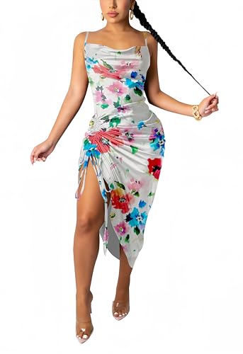 Image of Club Dress Sexy Dress for Women Wedding Party Birthday Cocktail Spaghetti Strap Satin Side Ruched Midi Mini Dress