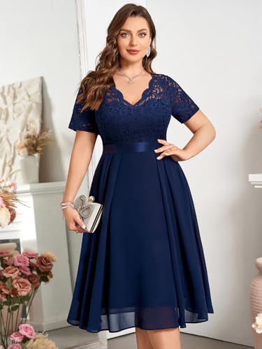 MISSMAY Women's Plus Size Lace Contrast Chiffon V Neck Flowy Cocktail Wedding Guest Midi Dress4