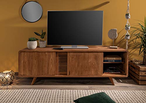 G Fine Furniture Solid Wood TV Unit with Movable Door for Living Room | Moveable Sliding Door with Shelf Storage | Acicia Wood, Natural Brown