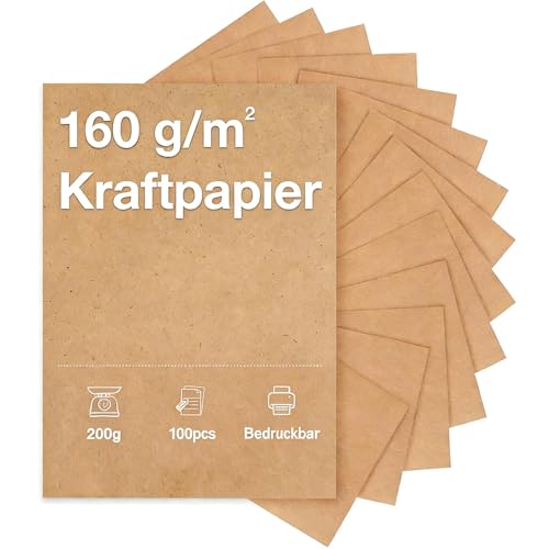 Kievano 100 feuilles de papier kraft A4 160 g/m² – Papier naturel durable marron – Papier cartonné et papier de construction pour impression et bricolage
