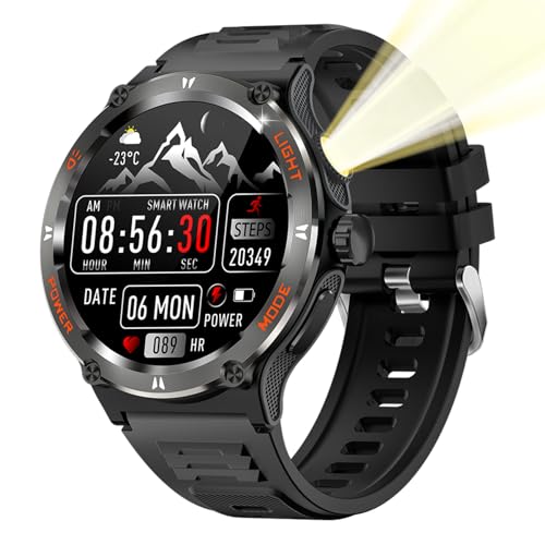 JUSUTEK 2025 人気 強力アウトドアスポーツスマートウォッチ通話機能付き,4種類モード懐中電灯,1.53インチ金属丸型腕時計,破壊防止,軍用規格,羅針盤,センサ機能付き,3ATM防水,万歩計,300+文字盤自由設定,ストップウォッチ,smart