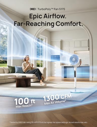 Image of DREO Smart Fan for Bedroom, 150+120 Omni-directional Oscillating, Quiet 20dB Fan, 100ft Air Circulator Pedestal Fan with DC Motor, 12 Speeds, 6 Modes, 37-42 inch Height, Wi-Fi /Voice /Alexa，RGB LED
