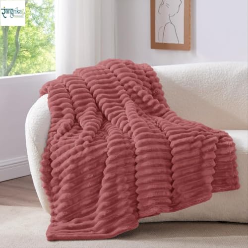 Image of Rangrika.in Ultra Soft Bed Blanket, Premium Flannel Fleece Plush Throw, Ribbed Texture Mink Touch, Lightweight Warm Cozy AC & Mild Winter Use, Machine Washable (Mauve, Double)