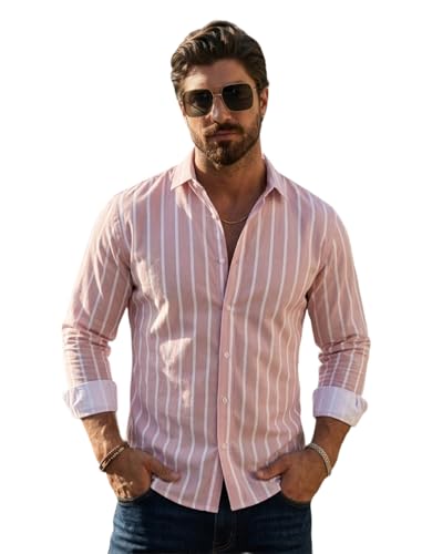 Image of BROWN CULTURE Men's Cotton Blend Abstract Print Shirt with Spread Collared Full Sleeves Standard Length and Button Down Closure Type | Shirt for Man, Pink, M