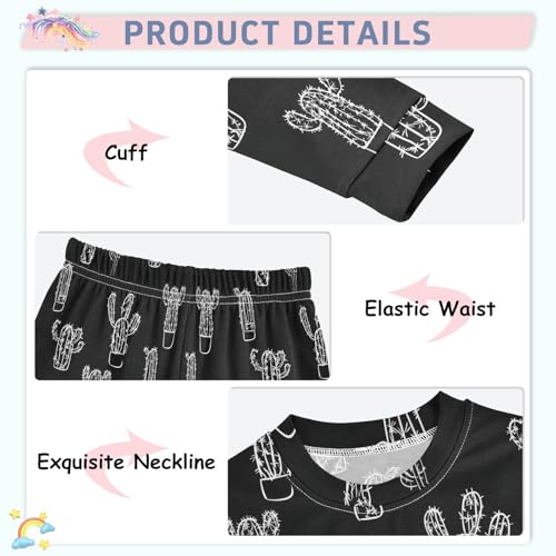 Fustylead White Outline Cactus on Black Background Pajamas Cotton Sleepover PJ Set Long Sleeve Lounge Wear4
