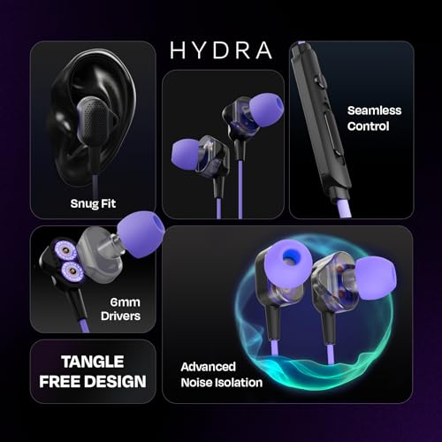Image of Kreo Hydra 3.5mm Dual Dynamic Driver In-Ear Wired Gaming Earphones with Microphone, Noise-Isolating Technology, EZ Volume Control Slider, Black and Purple